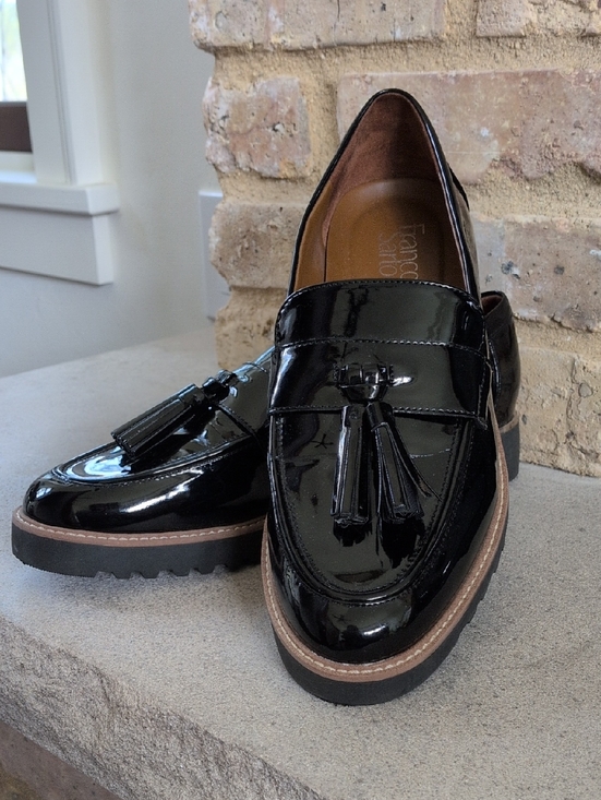 Franco Sarto Shoes - FRANCO SARTO I Faux Black Patent Leather Franco Carolynn Tassel Loafer Shoes, 10